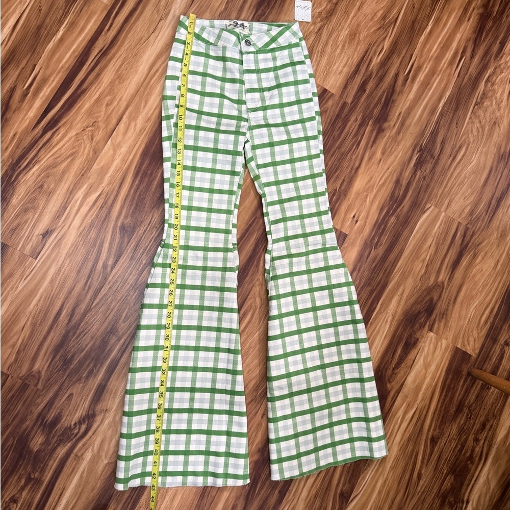 New Free People Just Float On Lime Checkered Green Super Flare Pants - Picture 6 of 8